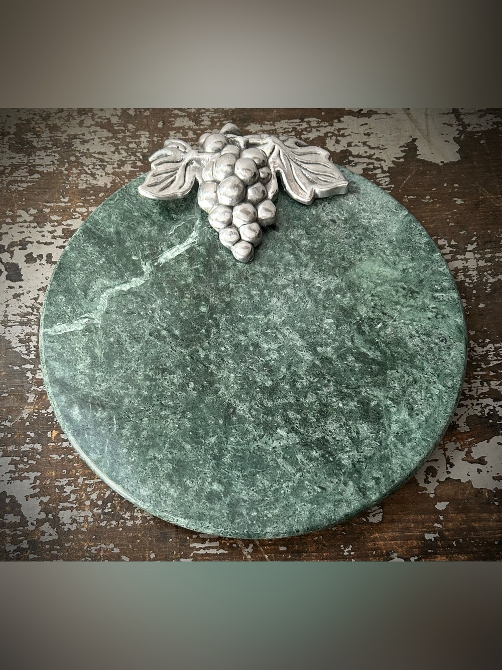 Vintage Green Marble Cheese Board with Silver Grape Accent by Arthur Court